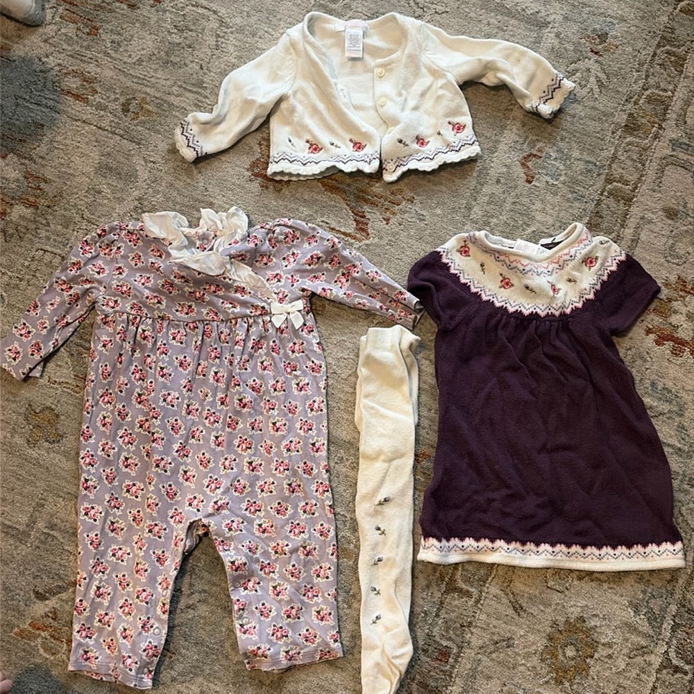 Vintage Janie and Jack floral- dress, cardigan, tights, and romper 6-12 months